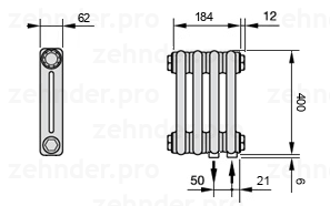 Схема (чертеж) Радиатор Zehnder Charleston 2040/4 №5510 Белый глянцевый RAL 9016